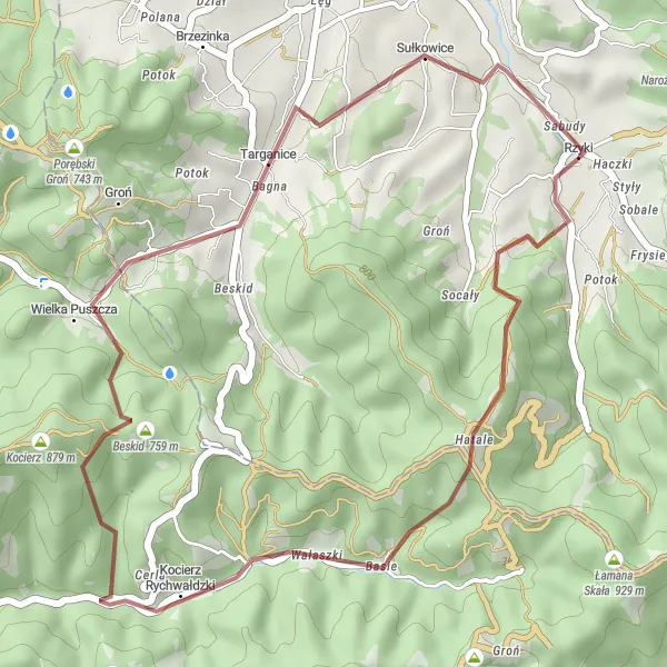 Map miniature of "The Gravel Escape" cycling inspiration in Małopolskie, Poland. Generated by Tarmacs.app cycling route planner