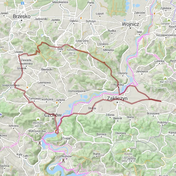 Map miniature of "Gnojnik Gravel Loop" cycling inspiration in Małopolskie, Poland. Generated by Tarmacs.app cycling route planner