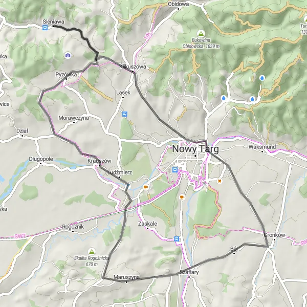 Map miniature of "Scenic Sieniawa Loop" cycling inspiration in Małopolskie, Poland. Generated by Tarmacs.app cycling route planner