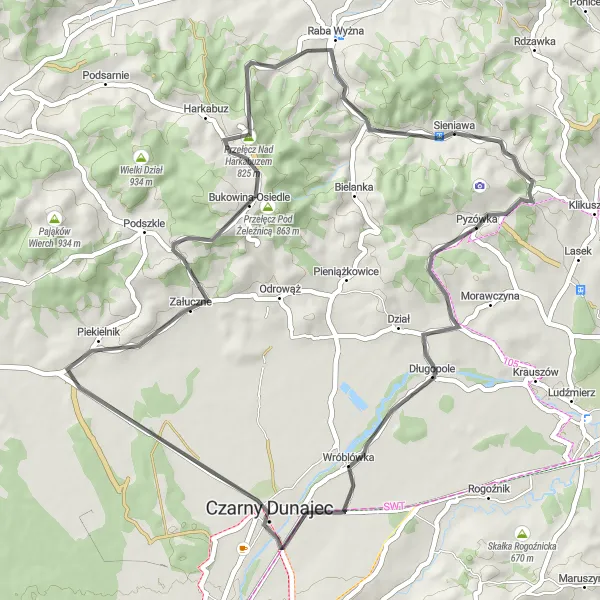 Map miniature of "Scenic Road Ride to Przełęcz Sieniawska" cycling inspiration in Małopolskie, Poland. Generated by Tarmacs.app cycling route planner
