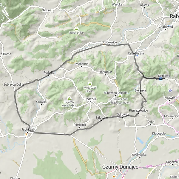 Map miniature of "Bielanka and Załuczne Scenic Road Loop" cycling inspiration in Małopolskie, Poland. Generated by Tarmacs.app cycling route planner