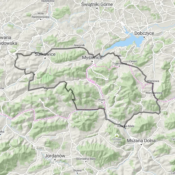 Map miniature of "Skawinki Loop" cycling inspiration in Małopolskie, Poland. Generated by Tarmacs.app cycling route planner