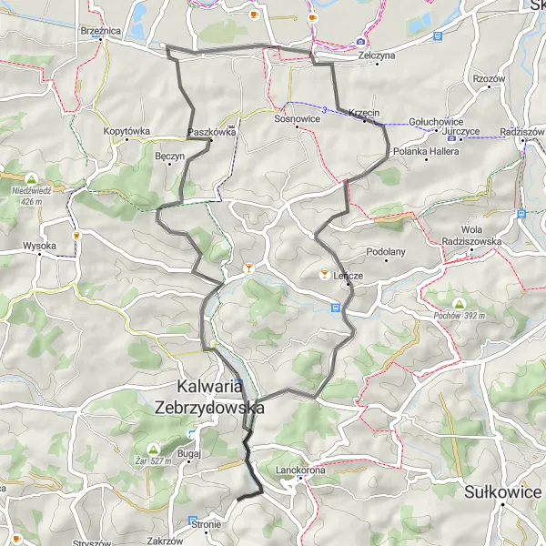 Map miniature of "Gentle Hills and Charming Villages" cycling inspiration in Małopolskie, Poland. Generated by Tarmacs.app cycling route planner