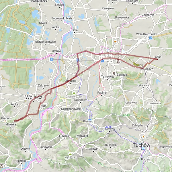 Map miniature of "The Tarnów Gravel Escape" cycling inspiration in Małopolskie, Poland. Generated by Tarmacs.app cycling route planner