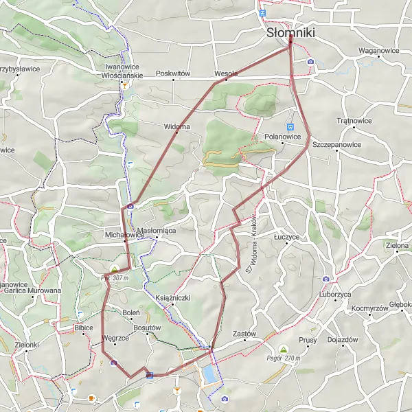 Map miniature of "Węgrzce Gravel Loop" cycling inspiration in Małopolskie, Poland. Generated by Tarmacs.app cycling route planner