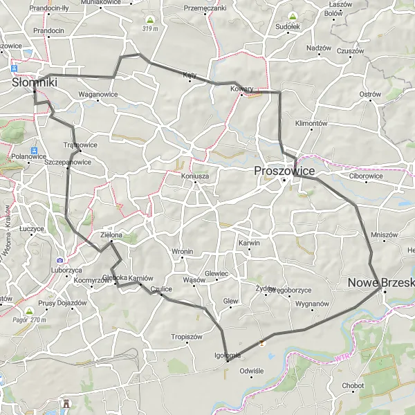 Map miniature of "The Słomniki Loop" cycling inspiration in Małopolskie, Poland. Generated by Tarmacs.app cycling route planner