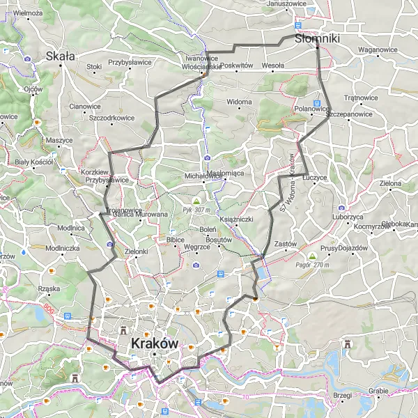 Map miniature of "Thrills of Goszcza" cycling inspiration in Małopolskie, Poland. Generated by Tarmacs.app cycling route planner