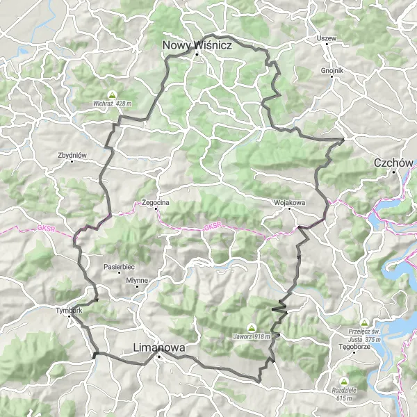 Map miniature of "Around Słopnice: Mountains and Villages" cycling inspiration in Małopolskie, Poland. Generated by Tarmacs.app cycling route planner