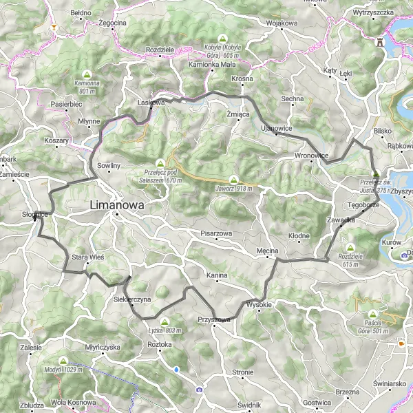 Map miniature of "Scenic Road Trip through Małopolskie" cycling inspiration in Małopolskie, Poland. Generated by Tarmacs.app cycling route planner