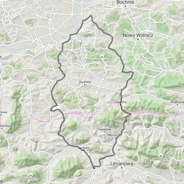 Map miniature of "Eastern Małopolska Gravel Adventure" cycling inspiration in Małopolskie, Poland. Generated by Tarmacs.app cycling route planner