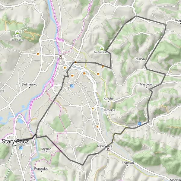 Miniatura mapy "Trasa przez Sącz i okolice" - trasy rowerowej w Małopolskie, Poland. Wygenerowane przez planer tras rowerowych Tarmacs.app