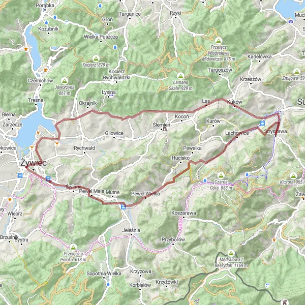 Map miniature of "Nature and History in the Hucisko Mountains" cycling inspiration in Małopolskie, Poland. Generated by Tarmacs.app cycling route planner