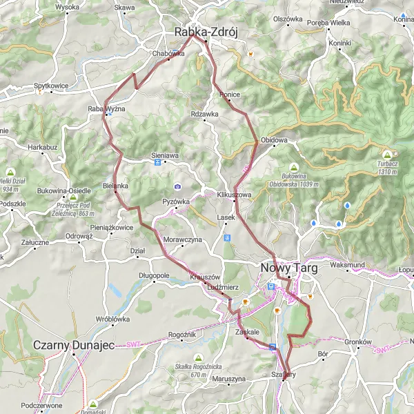Map miniature of "Szaflary Gravel Escape" cycling inspiration in Małopolskie, Poland. Generated by Tarmacs.app cycling route planner
