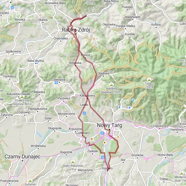 Map miniature of "Szaflary Gravel Adventure" cycling inspiration in Małopolskie, Poland. Generated by Tarmacs.app cycling route planner