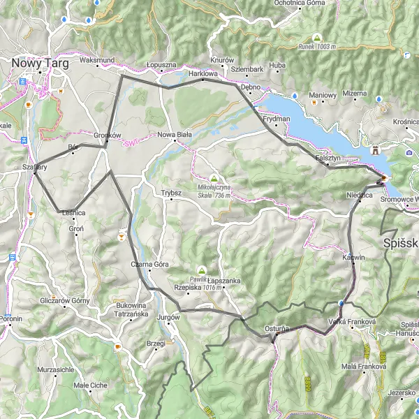 Map miniature of "Beskid Serenity" cycling inspiration in Małopolskie, Poland. Generated by Tarmacs.app cycling route planner