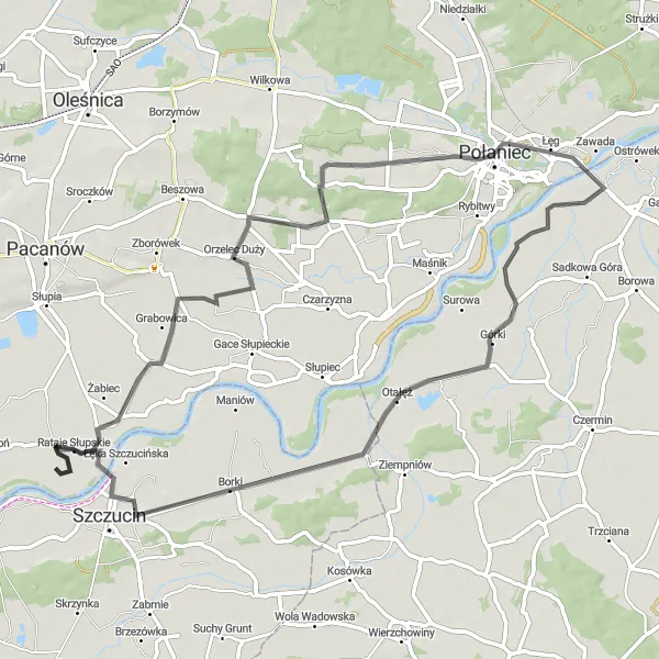 Map miniature of "Szczucin Rataje Słupskie Loop" cycling inspiration in Małopolskie, Poland. Generated by Tarmacs.app cycling route planner