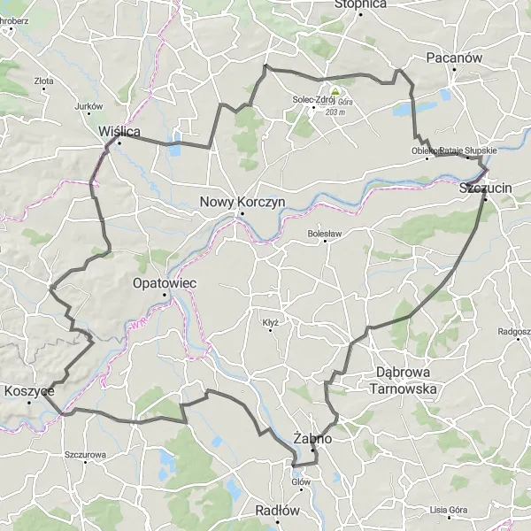 Map miniature of "Szczucin to Podborze Road Cycling Route" cycling inspiration in Małopolskie, Poland. Generated by Tarmacs.app cycling route planner