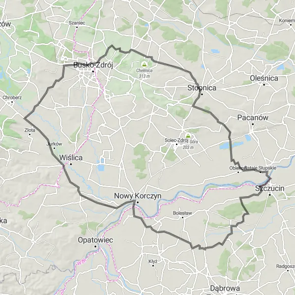 Map miniature of "Szczucin to Borusowa Road Cycling Route" cycling inspiration in Małopolskie, Poland. Generated by Tarmacs.app cycling route planner