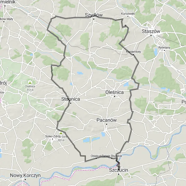 Map miniature of "Rataje Słupskie Karna Góra Loop" cycling inspiration in Małopolskie, Poland. Generated by Tarmacs.app cycling route planner