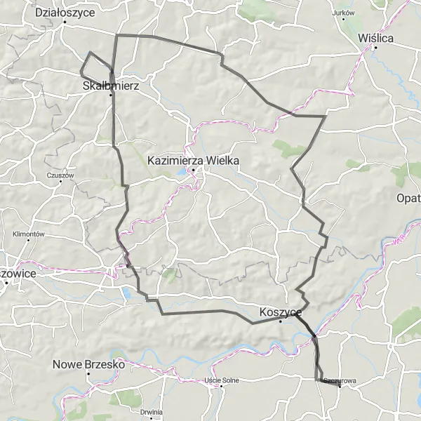 Map miniature of "Magical Journey through Małopolskie's Countryside" cycling inspiration in Małopolskie, Poland. Generated by Tarmacs.app cycling route planner