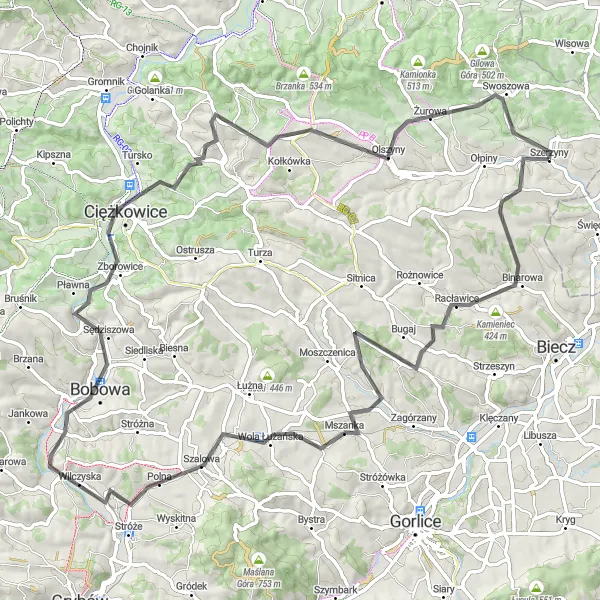 Miniatura mapy "Trasa przez Binarową i Ciężkowice" - trasy rowerowej w Małopolskie, Poland. Wygenerowane przez planer tras rowerowych Tarmacs.app