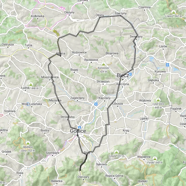 Map miniature of "Biecz & Gorlice Circuit" cycling inspiration in Małopolskie, Poland. Generated by Tarmacs.app cycling route planner