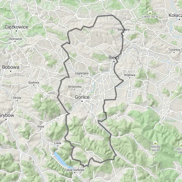 Map miniature of "Biecz and Beyond Cycling Route" cycling inspiration in Małopolskie, Poland. Generated by Tarmacs.app cycling route planner