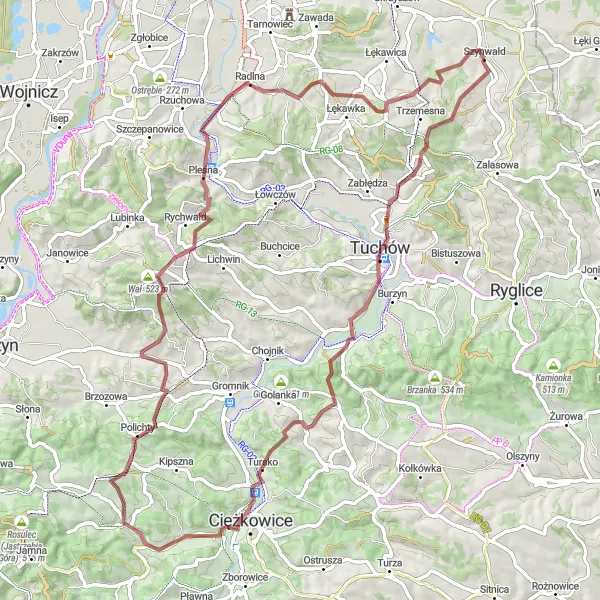 Map miniature of "Off-Road Adventure near Szynwałd" cycling inspiration in Małopolskie, Poland. Generated by Tarmacs.app cycling route planner