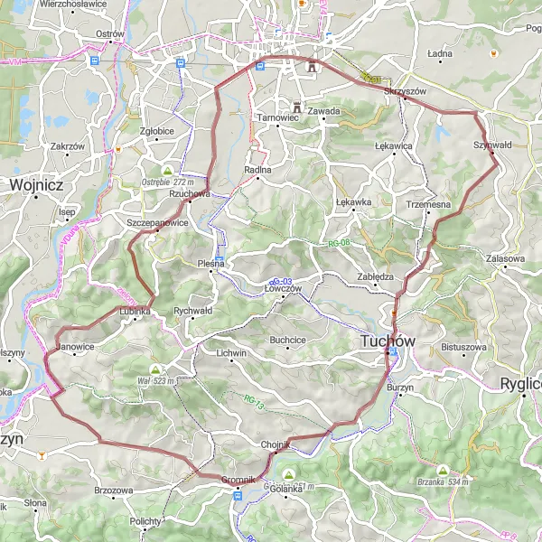 Map miniature of "Dąbrówka Tuchowska Gravel Adventure" cycling inspiration in Małopolskie, Poland. Generated by Tarmacs.app cycling route planner