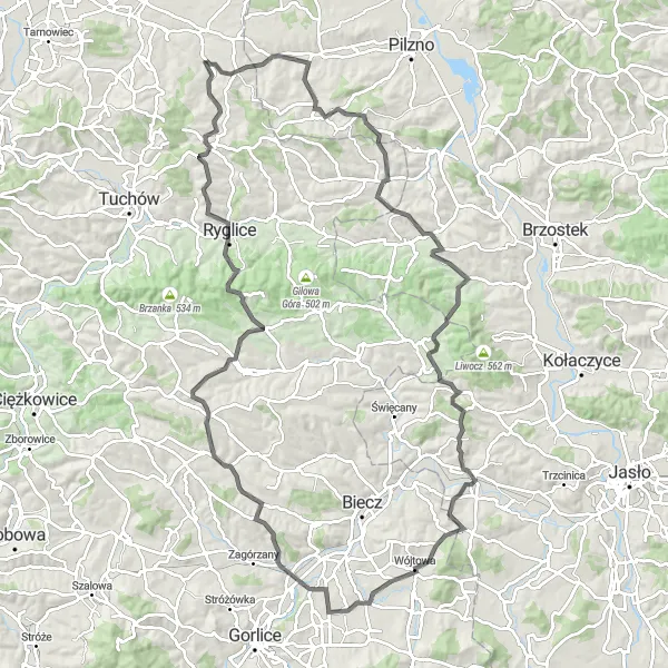 Miniatura mapy "Ryglice Challenge" - trasy rowerowej w Małopolskie, Poland. Wygenerowane przez planer tras rowerowych Tarmacs.app