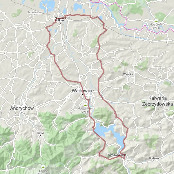 Map miniature of "Beskidy Gravel Loop" cycling inspiration in Małopolskie, Poland. Generated by Tarmacs.app cycling route planner