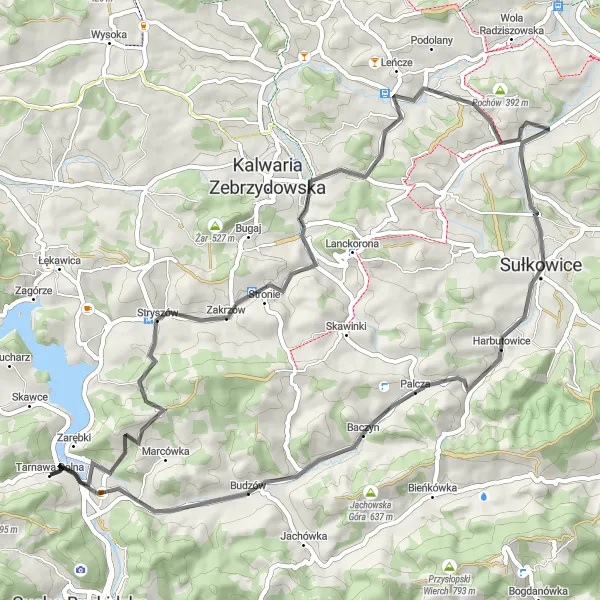 Map miniature of "Zakrzów & Budzów Road Loop" cycling inspiration in Małopolskie, Poland. Generated by Tarmacs.app cycling route planner