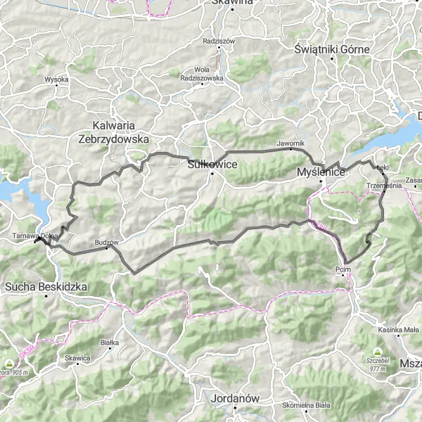 Map miniature of "Kozia Góra Road Challenge" cycling inspiration in Małopolskie, Poland. Generated by Tarmacs.app cycling route planner