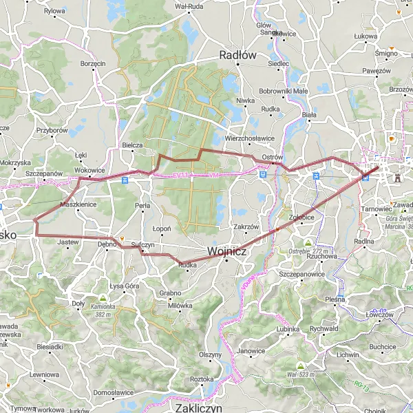 Miniatura mapy "Urokliwa Trasa Gravelowa przez Jadowniki i Ostrą Górę" - trasy rowerowej w Małopolskie, Poland. Wygenerowane przez planer tras rowerowych Tarmacs.app
