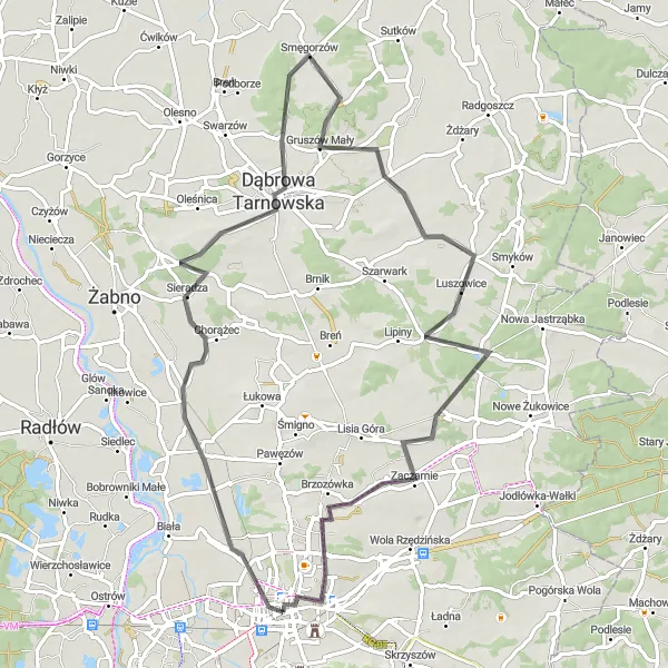 Map miniature of "Road Cycling Loop from Tarnów" cycling inspiration in Małopolskie, Poland. Generated by Tarmacs.app cycling route planner