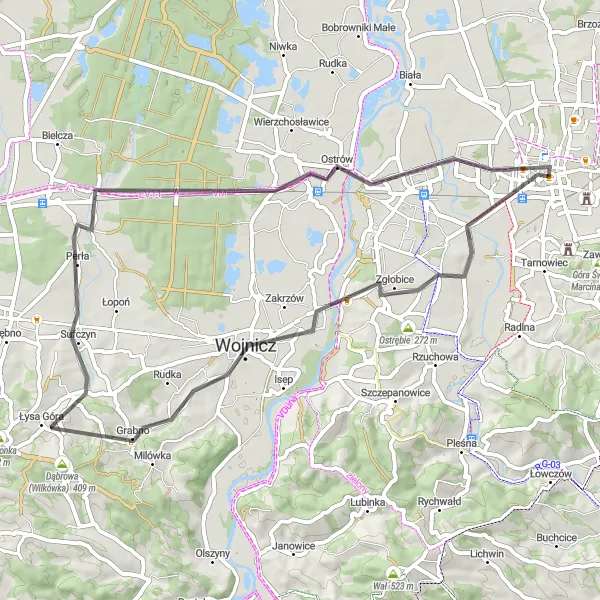 Map miniature of "Cultural Heritage Ride" cycling inspiration in Małopolskie, Poland. Generated by Tarmacs.app cycling route planner