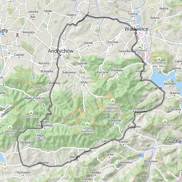 Map miniature of "Scenic Route through Kocierz Moszczanicki" cycling inspiration in Małopolskie, Poland. Generated by Tarmacs.app cycling route planner