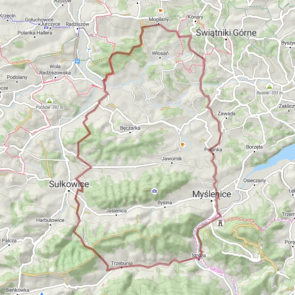 Map miniature of "Gravel Expedition to Trzebunia Góra" cycling inspiration in Małopolskie, Poland. Generated by Tarmacs.app cycling route planner