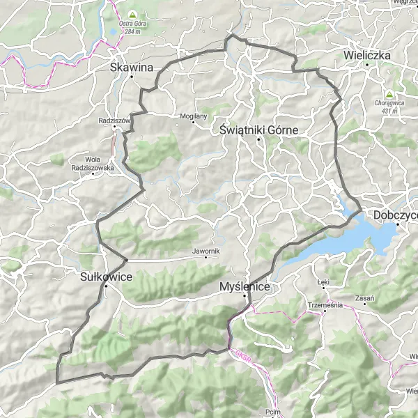 Map miniature of "Krzywaczka Scenic Route" cycling inspiration in Małopolskie, Poland. Generated by Tarmacs.app cycling route planner