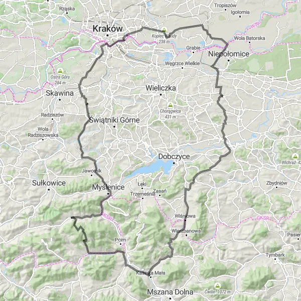 Map miniature of "Wawel Exploration" cycling inspiration in Małopolskie, Poland. Generated by Tarmacs.app cycling route planner