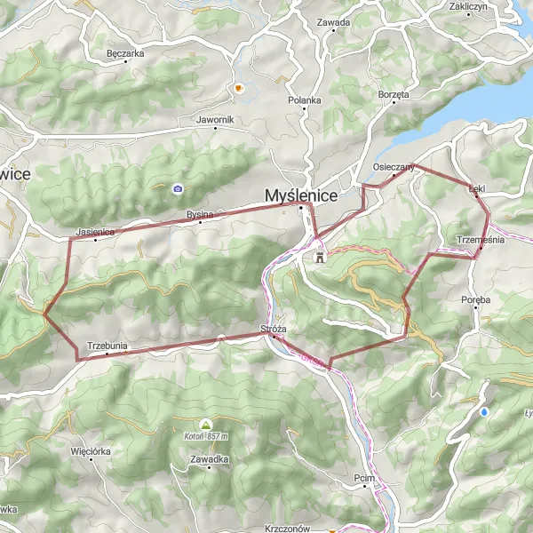 Map miniature of "Short Gravel Excursion to Śliwnik" cycling inspiration in Małopolskie, Poland. Generated by Tarmacs.app cycling route planner