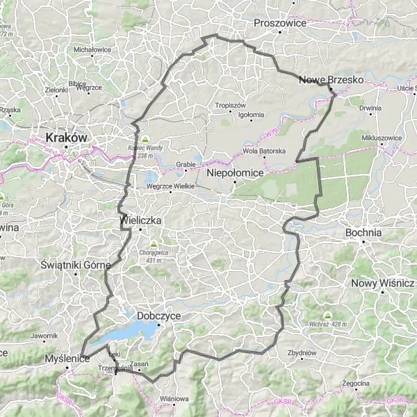 Map miniature of "Road Cycling Adventure to Raciechowice" cycling inspiration in Małopolskie, Poland. Generated by Tarmacs.app cycling route planner