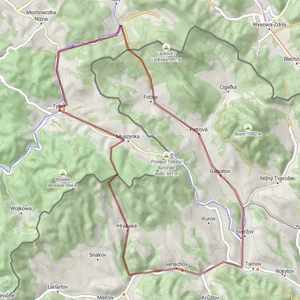 Map miniature of "Muszyna Gravel Loop" cycling inspiration in Małopolskie, Poland. Generated by Tarmacs.app cycling route planner