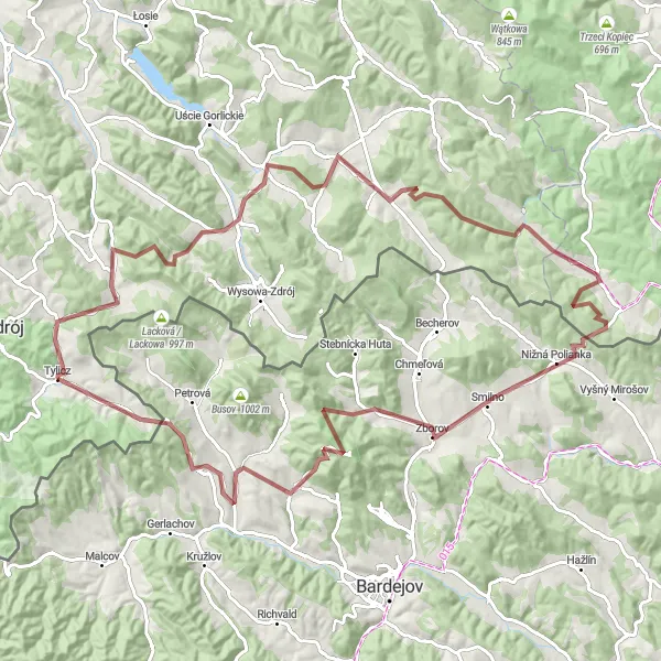 Map miniature of "Beskid Gravel Adventure" cycling inspiration in Małopolskie, Poland. Generated by Tarmacs.app cycling route planner