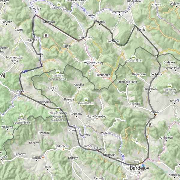 Map miniature of "Scenic Beskid Road Loop" cycling inspiration in Małopolskie, Poland. Generated by Tarmacs.app cycling route planner