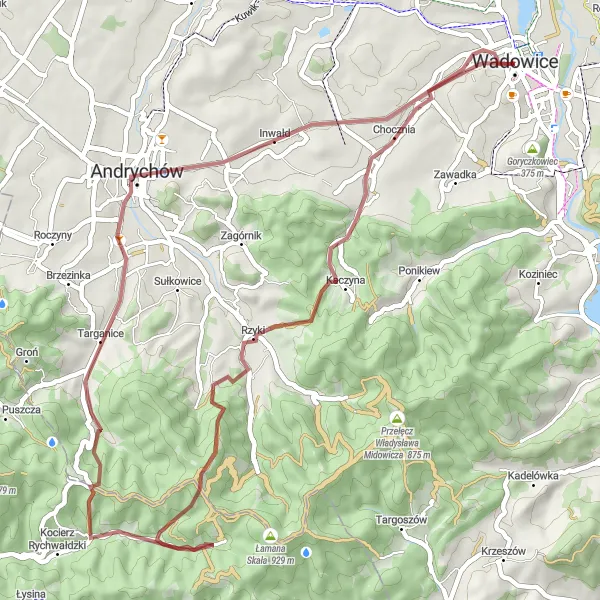 Map miniature of "The Zakocierz Gravel Ride" cycling inspiration in Małopolskie, Poland. Generated by Tarmacs.app cycling route planner