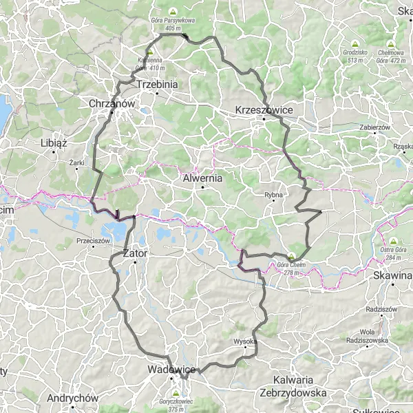 Map miniature of "The Lowiczki Challenge" cycling inspiration in Małopolskie, Poland. Generated by Tarmacs.app cycling route planner