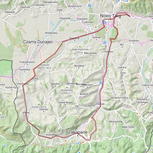 Map miniature of "Gravel Adventure through Gorce National Park" cycling inspiration in Małopolskie, Poland. Generated by Tarmacs.app cycling route planner