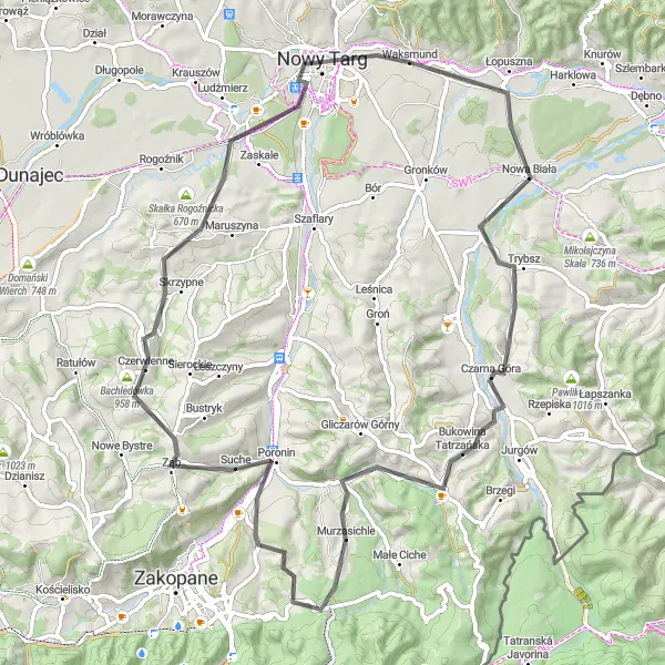 Map miniature of "The Tatra Challenge" cycling inspiration in Małopolskie, Poland. Generated by Tarmacs.app cycling route planner