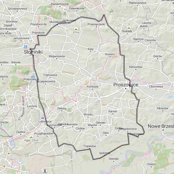 Map miniature of "Słomniki and Proszowice Loop" cycling inspiration in Małopolskie, Poland. Generated by Tarmacs.app cycling route planner